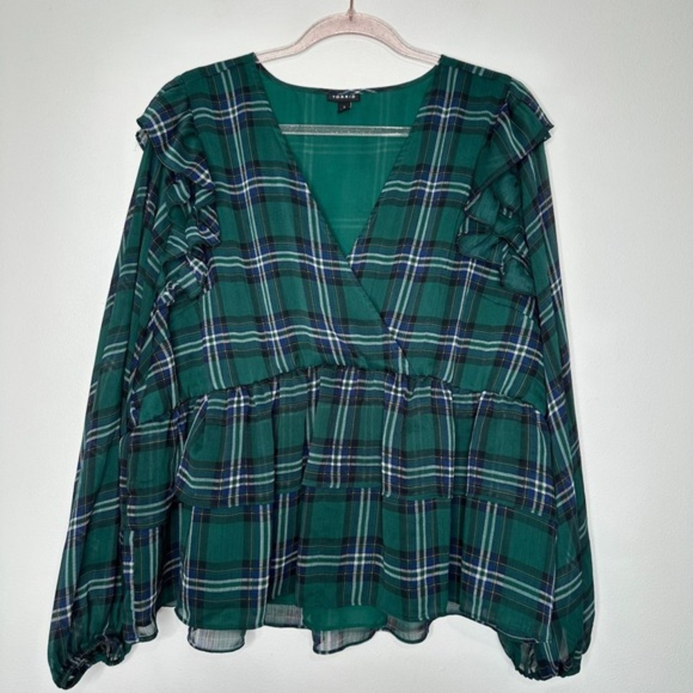 Torrid Chiffon Blouse Womens Size 3X Ruffled Plaid Green Preppy Splice